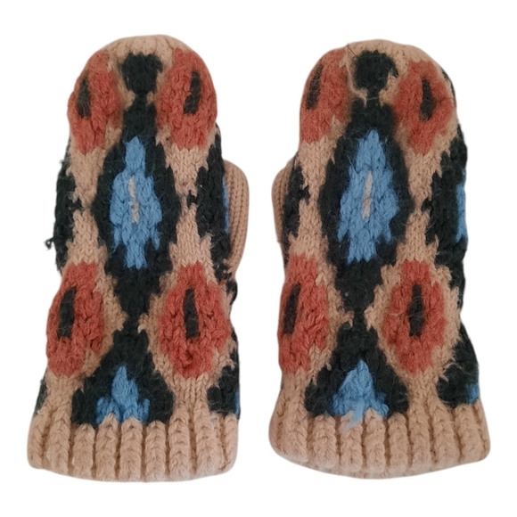 Wool blend multi-color fuzzy knit geometric pattern winter mittens - Picture 1 of 10